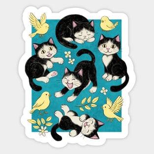 Cats and Canaries in Chalk Pastel on Bright Teal Blue Sticker